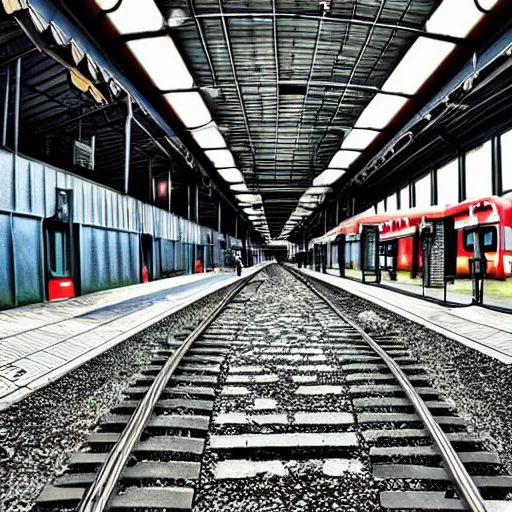 Image similar to 2 point perspective hyper realistic urban japanese train yard