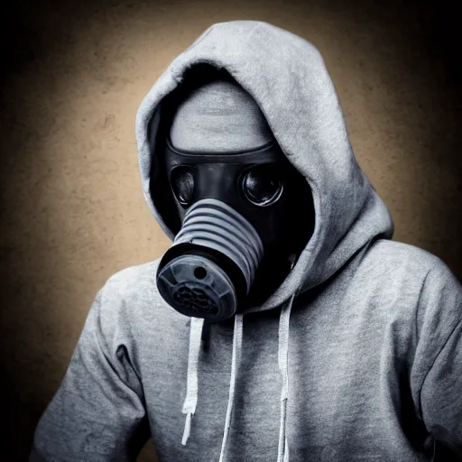 Prompt: detailed conceptual photography portrait random guy using grey hoodie with wolf logo and gas mask