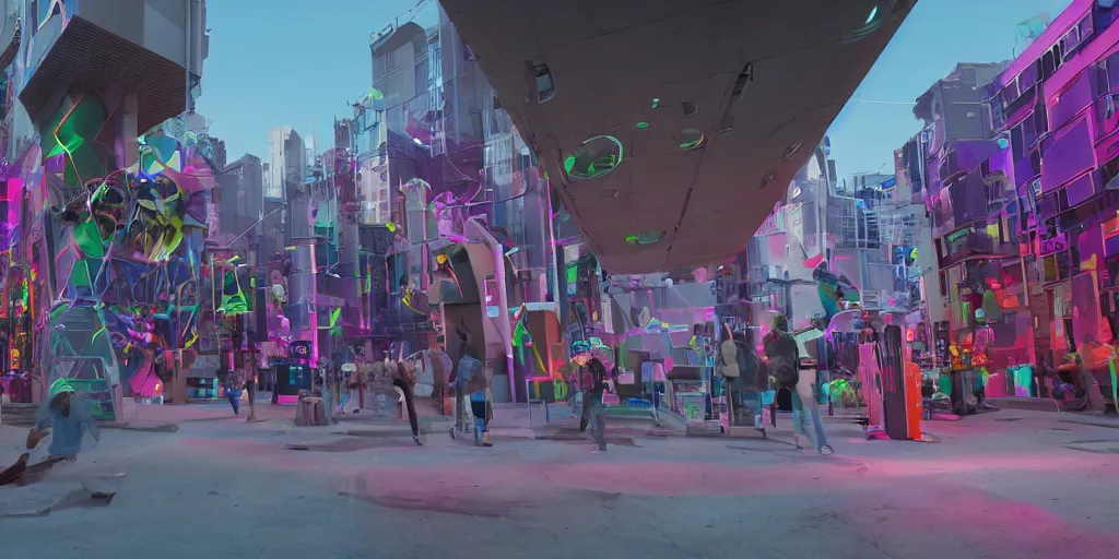 Prompt: A colorful science fiction neigbourhood, in the future. The walls change colour and shape depending on the clothing of the people walking in front of them, epic lighting, 8K, Rendered in Cinema4D, 8K 3D, CGSociety, ZBrush, volumetric light, lightrays, wide angle shot, atmospheric, octane