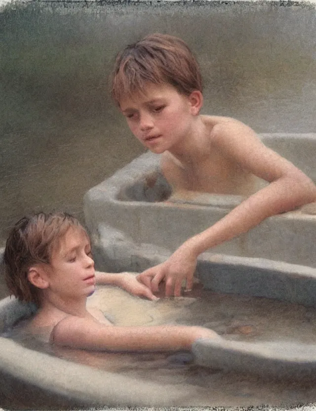 Image similar to peasant kid having bath in a basin, splashes of water, cottage core, cinematic focus, polaroid photo bleached vintage pastel colors high - key lighting, soft lights, foggy, by steve hanks, by lisa yuskavage, by serov valentin, by tarkovsky, detailed, oil on canvas