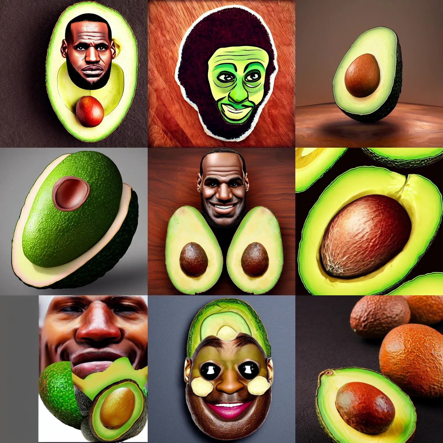 Prompt: lebron james face on an avocado. 4 k, highly detailed