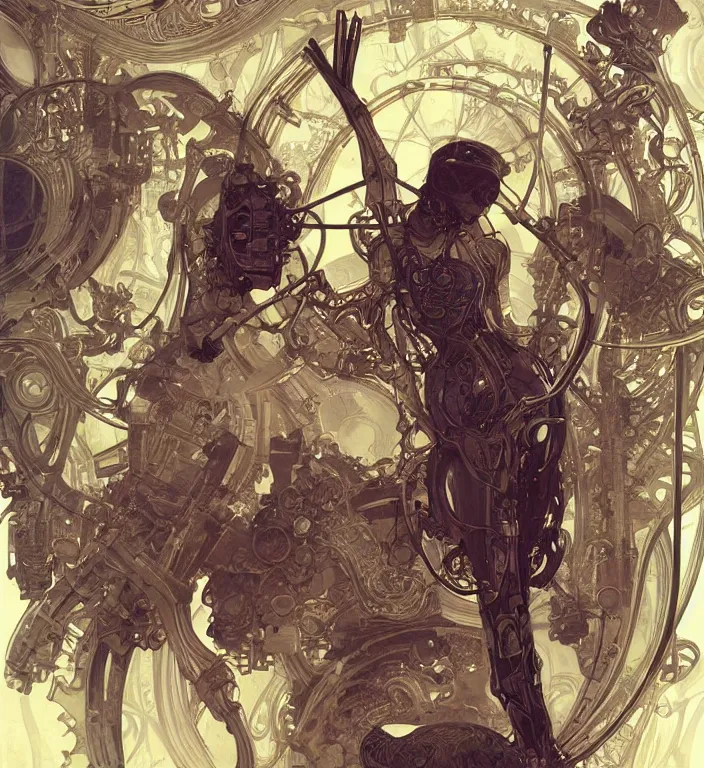 Image similar to digital artwork, illustration, cinematic camera, elegant biomechanical machinery, intricate machinery, biomechanics, the ghosts in the machine, cyberpunk concept art by artgerm and Alphonse Mucha and Greg Rutkowski, highly detailed, elegant, intricate, sci-fi, sharp focus, dramatic lighting, Trending on Artstation HQ, deviantart