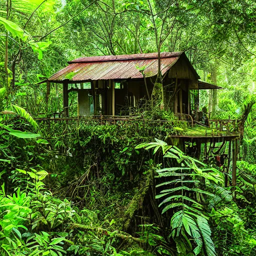 Prompt: An old Gast station in a dense jungle