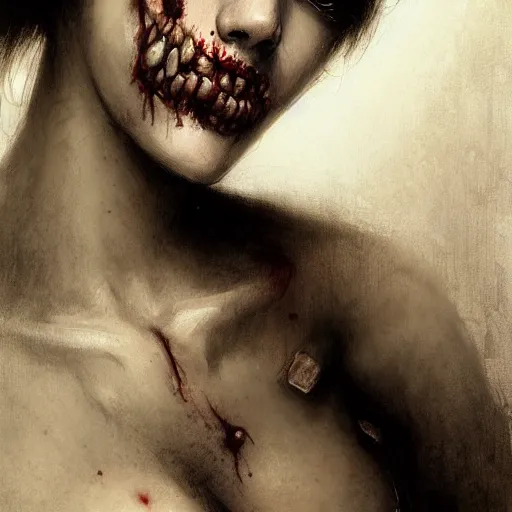 Image similar to A closeup portrait of an attractive zombie girl, fullbody, horror, intricate, moody, highly detailed, artstation, concept art, smooth, sharp focus, illustration, art by greg rutkowski and orientalism and bouguereau and Zdzislaw Beksinski, Dungeons & Dragons, good clear quality, lighting, biology, symmetrical artwork, evil, 135 mm, cinematic, hyper realism, high detail, octane render, 8k, chrome accents