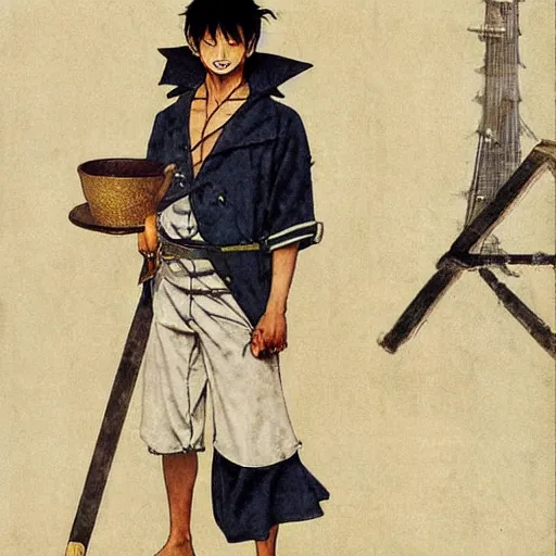 Prompt: A young Japanese man using a pirate one piece outfit, art by Norman Rockwell