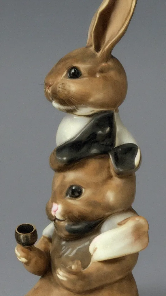 Image similar to a porcelain old rabbit with beard having a japanese kiseru pipe painted by john singer sargent