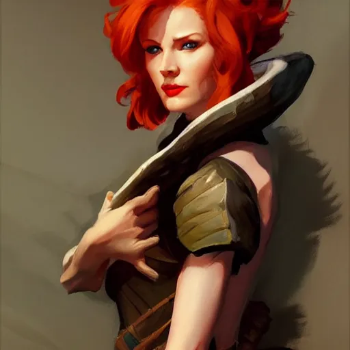 Prompt: greg manchess portrait painting of ginger beautiful woman as dragon age character, medium shot, asymmetrical, profile picture, organic painting, sunny day, matte painting, bold shapes, hard edges, street art, trending on artstation, by huang guangjian and gil elvgren and sachin teng