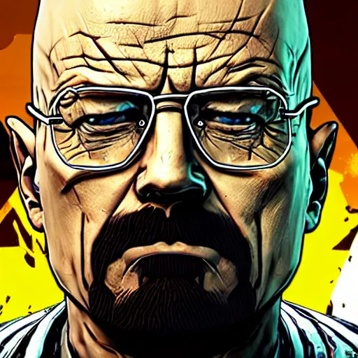 Image similar to Walter White as a Borderlands 2 character, drug dealer, game box cover art