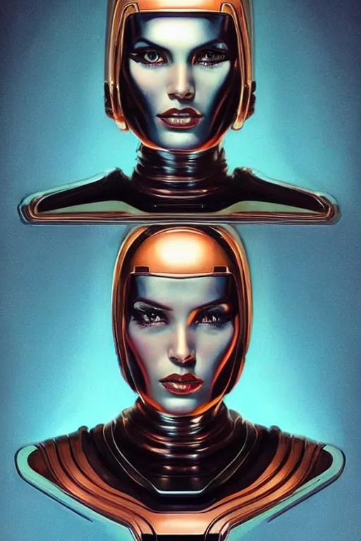 Prompt: retro-futuristic facial portrait of a beautiful female android in vintage used look chrome armour, rim light, ornate pattern, glowing eyes, evil expression, high details, intricate details, painting by vincent di fate, artgerm julie bell beeple, 80s, Smooth gradients, High contrast, depth of field, very coherent symmetrical artwork