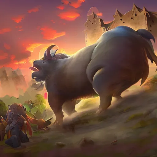 Prompt: giant boar with a happy face, destroying a town while bystanders watch, 4k, detailed, illustration, artstation - Porforever, by porforever,