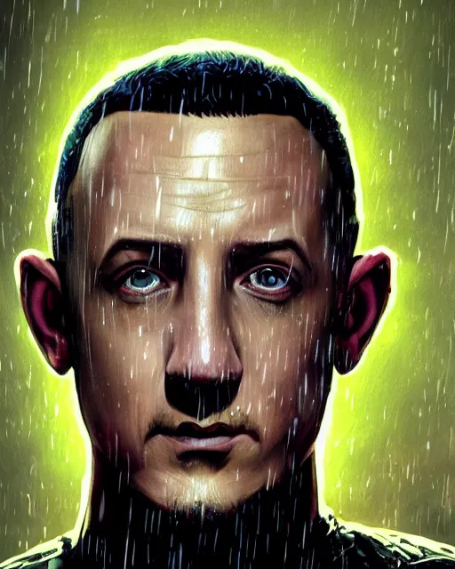 Image similar to An epic fantasy comic book style portrait painting of a very imposing Chester Bennington in the rain , neon reflections, character design by Mark Ryden and Pixar and Hayao Miyazaki, unreal 5, DAZ, hyperrealistic, octane render, cosplay, RPG portrait, dynamic lighting, intricate detail, cinematic