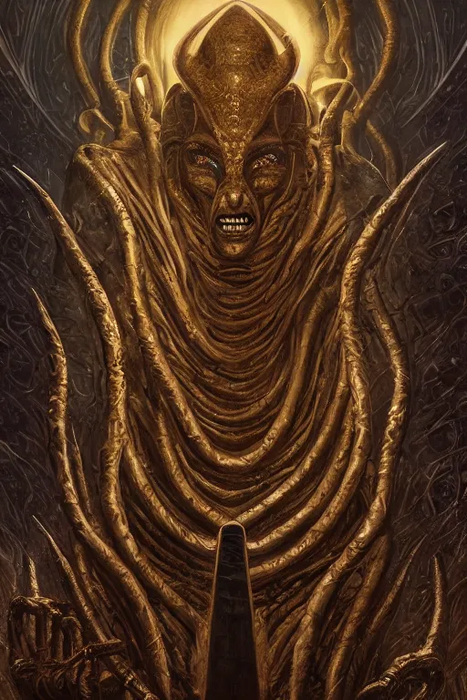 Prompt: portrait of Nyarlathotep the dark evil pharaoh, in style of Doom, in style of Midjourney, insanely detailed and intricate, golden ratio, elegant, ornate, unfathomable horror, elite, ominous, haunting, matte painting, cinematic, cgsociety, James jean, Noah Bradley, Darius Zawadzki, vivid and vibrant