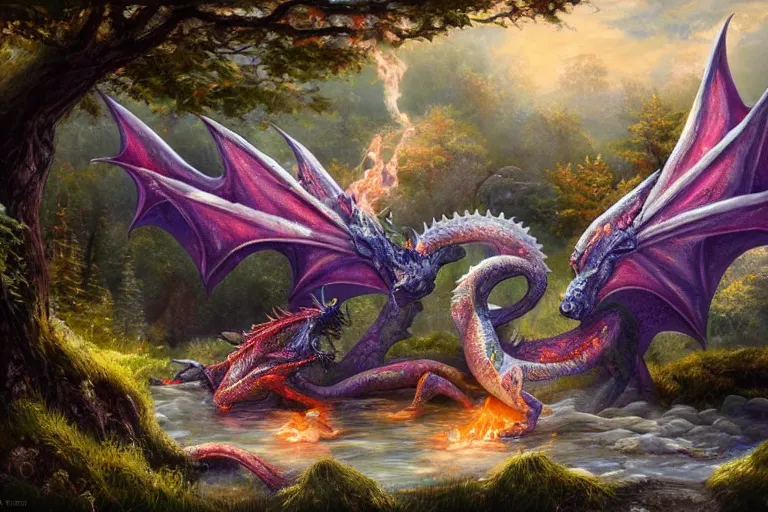 Image similar to highly detailed oil painting of a crytal dragon sitting in a steaming colorful hotspring with woodland forest backdrop, featured on artstation