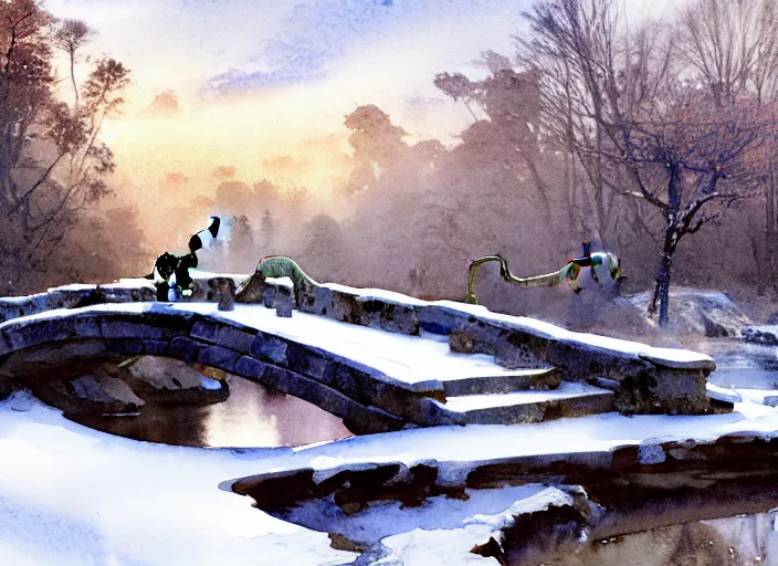 Image similar to watercolor of faraway dinosaur on rustic stone bridge in winter landscape, glistering, high detailed art by dennis miller bunker, work by anders zorn, wonderful masterpiece by greg rutkowski, beautiful cinematic light, american romanticism by greg manchess, creation by tyler edlin