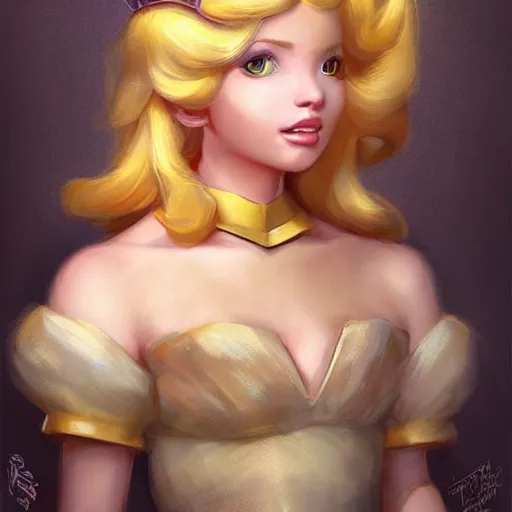 Image similar to cute princess peach as realistic blond human character art portrait, matte fantasy painting, deviantart artstation, by jason felix by steve argyle by tyler jacobson by peter mohrbacher, cinema c 9. 0