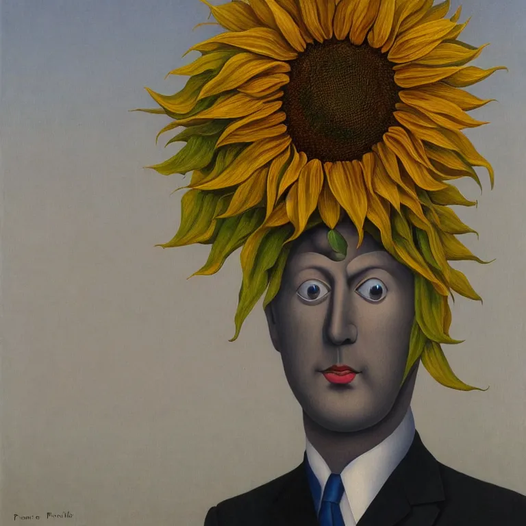 Image similar to portrait of a faceless sunflower - head man in a suit by rene magritte, detailed painting, distance, centered, hd, hq, high resolution, high detail, 4 k, 8 k