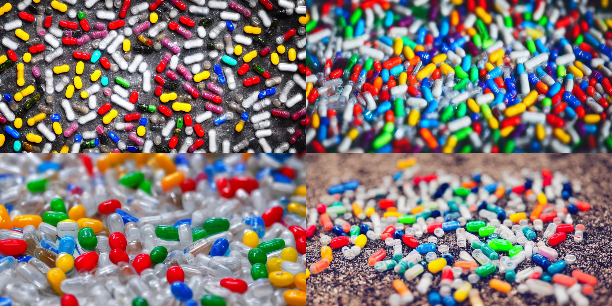 Prompt: transparent plastic bottle with open cap containing pills, pills scattered on the ground, full shot photograph, 4k high res