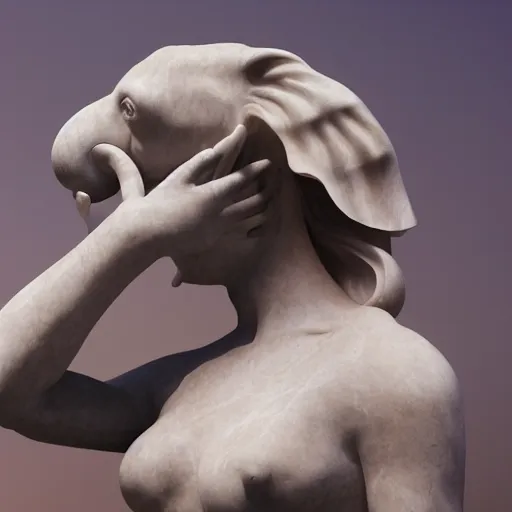 Image similar to marble statue by bernini, woman with ears shaped like an elephant's trunk, hair shaped like the feet of an octopus, dramatic lighting, octane render, 8 k