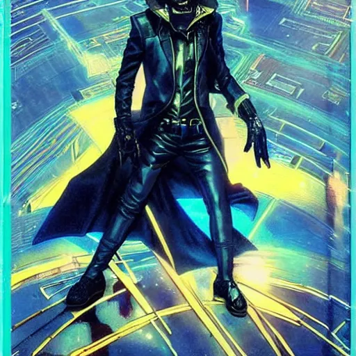 Image similar to portrait of the hacker cyberpunk magician in a dramatic jojo pose tarot card, golden blue outfit, oil on canvas by yoji shinkawa and esao andrews and raoul ruiz