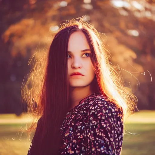 Image similar to a portrait photography of a woman with long hair. agfa vista 4 0 0 film. detailed. depth of field. cinematic. lens flare. grainy film. warm light.