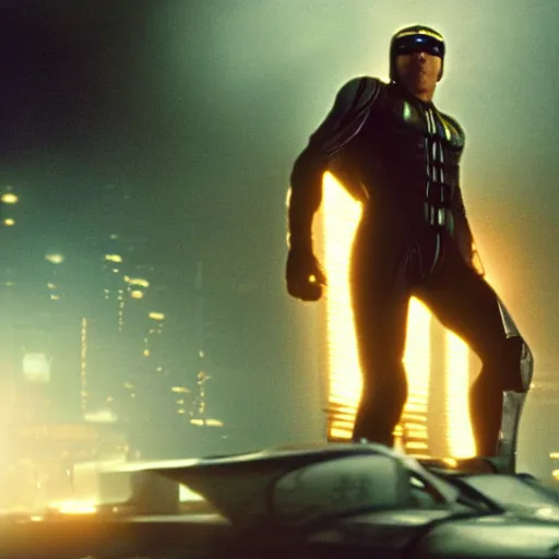 Prompt: Still of Captain Falcon and his racing machine in the movie Blade Runner, full body, cinematic lighting, 4k