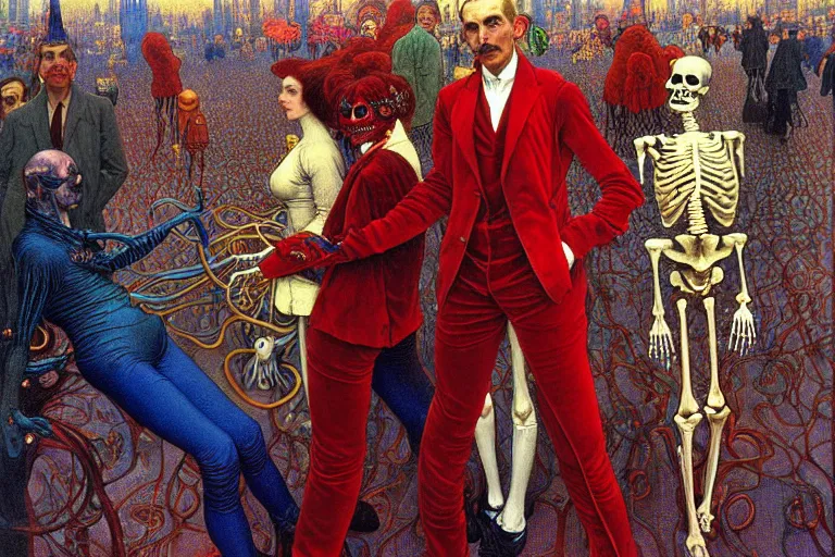 Image similar to realistic detailed portrait painting of a single skeleton wearing red velvet blazer in a crowded futuristic moscow street by Jean Delville, Amano, Yves Tanguy, Alphonse Mucha, Ernst Haeckel, Edward Robert Hughes, Roger Dean, rich moody colours, blue eyes