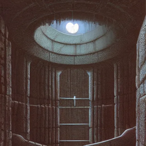 Prompt: side cutout view of a fantasy ctiy built into the walls of a cylindrical pit, painting by Peter Elson