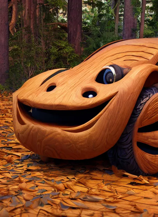 Image similar to a wood carved fancy car on a forest, art style by pixar dreamworks warner bros disney riot games arcane and overwatch, au naturel, hyper detailed, digital art, trending in artstation, cinematic lighting, studio quality, smooth render, unreal engine 5 rendered, octane rendered