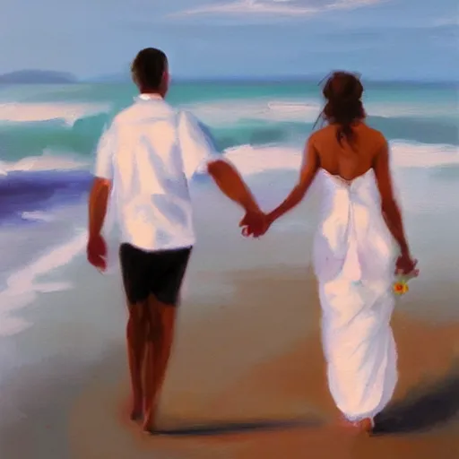 Prompt: Oil painting of a newly married couple in their early thirties that are learning to trust each other better, walking down a secluded beach during the golden hour quietly contemplating the newfound beauty found inside the other person while growing ever more deeply in love with each other.