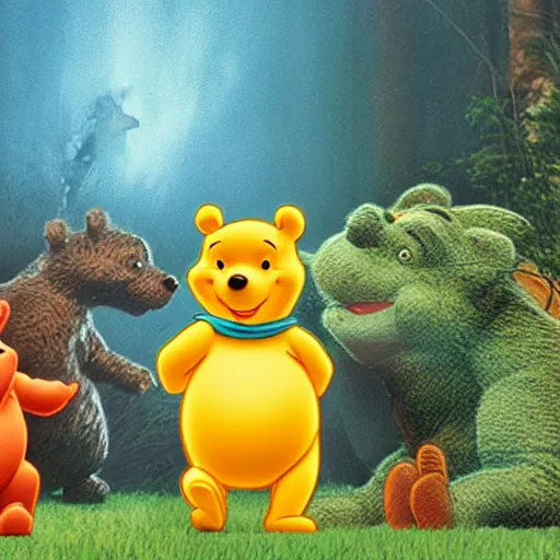 Image similar to winnie the pooh in the movie godzilla, cinematic, volumetric lighting, realistic, hyperdetailed, photorealistic, photograph