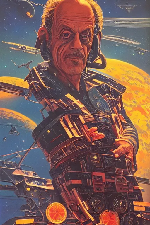 Prompt: Christopher Lloyd is a space pirate, science fiction, retro cover, high details, intricate details, by vincent di fate, artgerm julie bell beeple, 60s, inking, vintage 60s print, screen print