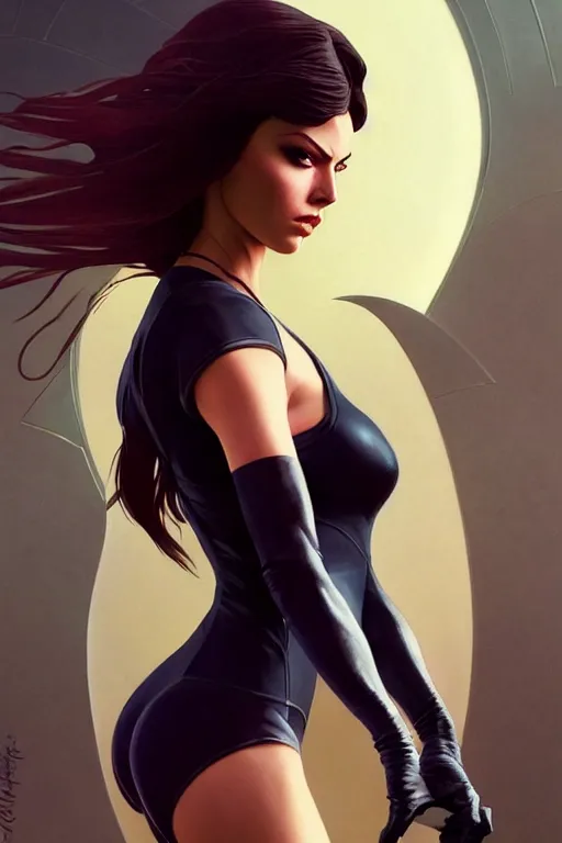 Image similar to gta selena as aeon flux profile picture by greg rutkowski, dynamic pose, intricate clothes, futuristic, margaret keane, artgerm, greg rutkowski, thomas kindkade, mucha, loish, norman rockwell, moebius, phantom, dreary, dramatic, fluid, golden ratio, artstation,