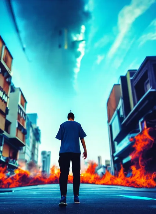 Prompt: portrait of a man with head of flames, walks happily down the street in a futuristic cyberpunk city, the sky is a turquoise blue with beautiful white fluffy clouds, hyper realism volumetric lighting