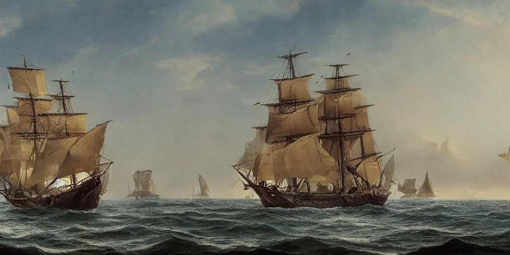 Image similar to a beautiful matte painting, an ancient large sailing ship sailing on the sea