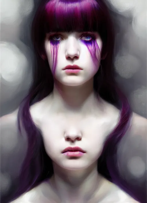 Image similar to portrait of teenage girl, red irises, bangs, black and white hair, white bangs, purple clothes, white bangs, bangs, black hair and white bangs, intricate, elegant, glowing lights, highly detailed, digital painting, artstation, concept art, smooth, sharp focus, illustration, art by wlop, mars ravelo and greg rutkowski