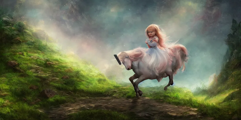 Image similar to full body fairy little girl riding a unicorn in pacing through hills, crossing the river, mountain valley to fortress, fine art, artstation, digital art, masterpiece