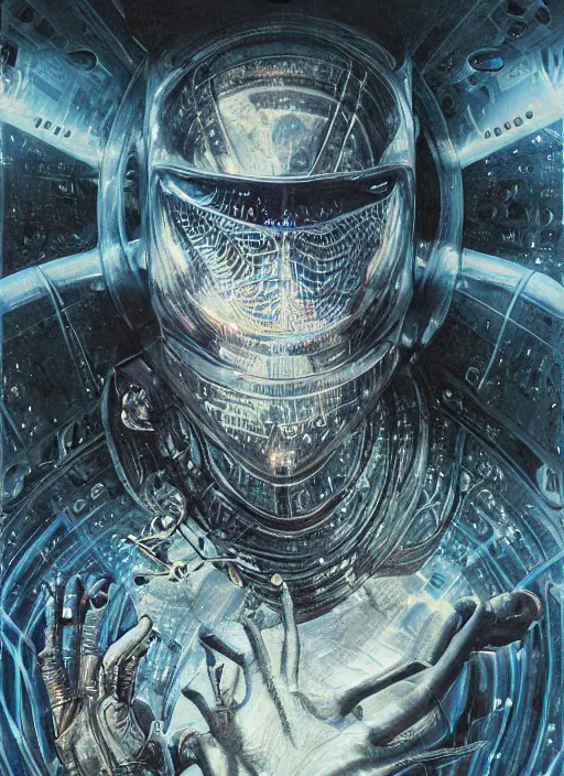 Image similar to alien astronaut in dark void underwater - complex and hyperdetailed technical suit design. reflection and dispersion materials. rays and dispersion of light. volumetric light. f / 3 2. noise film photo. flash photography. ultra realistic, 5 0 mm. poster by wayne barlowe, hajime sorayama aaron horkey, craig mullins