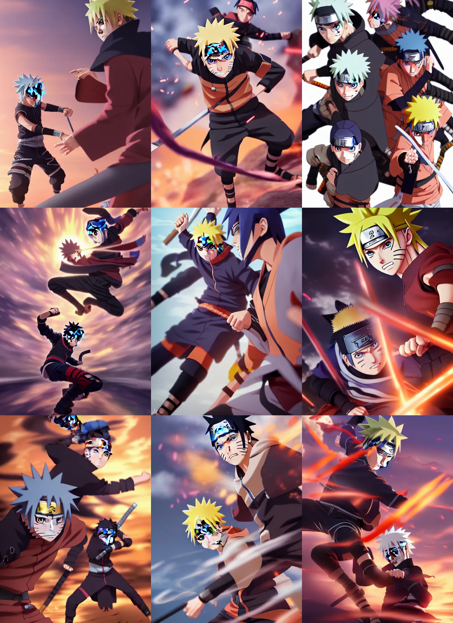 Prompt: epic battle of naruto and boruto characters, 8 k, from waist up, fantasy, smooth, subtle shadows, fine details, photorealism, hyper realism, octane render, stunning, intricate, elegant, highly detailed, digital painting, artstation, smooth, sharp focus, raw