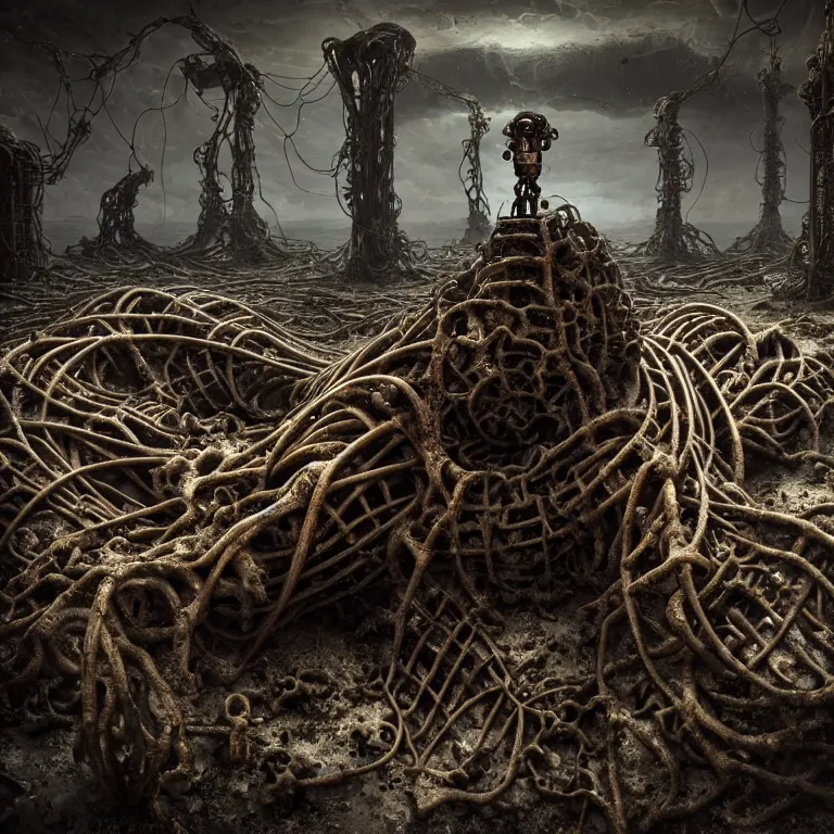 Prompt: still life of ribbed abandoned wreck of robot on exoplanet in heaven, covered with roots, wires, tubes, organic flesh, meat, standing in a desolate empty wasteland, baroque painting, creepy, nightmare, dream-like heavy atmosphere, surreal abandoned buildings, baroque painting, beautiful detailed intricate insanely detailed octane render trending on Artstation, 8K artistic photography, photorealistic, chiaroscuro, Raphael, Caravaggio, Beksinski, Giger