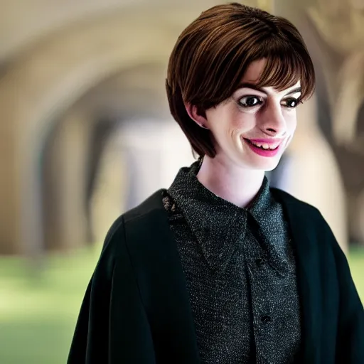 Prompt: portrait of anne hathaway as a harry potter character, nikon, bokeh, focus