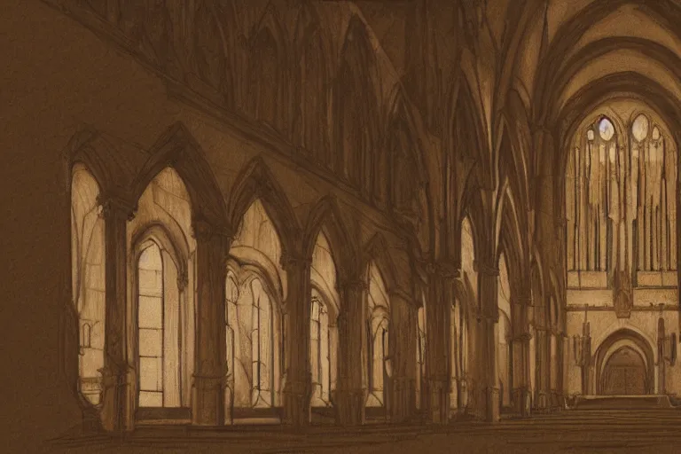 Prompt: a very detailed architectural sketch of of a cathedral interior on a textured brown paper, windows bright with orange and yellow color spilling on the floor