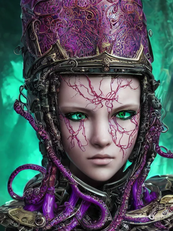 Prompt: portrait art of 8k ultra realistic green-eyed girl,intricate red crown on small purple tentacles, detailed intricate red ornate armour, cybernetic, full of colour, cinematic lighting, trending on artstation, 4k, hyperrealistic, focused, extreme details,unreal engine 5, cinematic, masterpiece, art by ayami kojima,