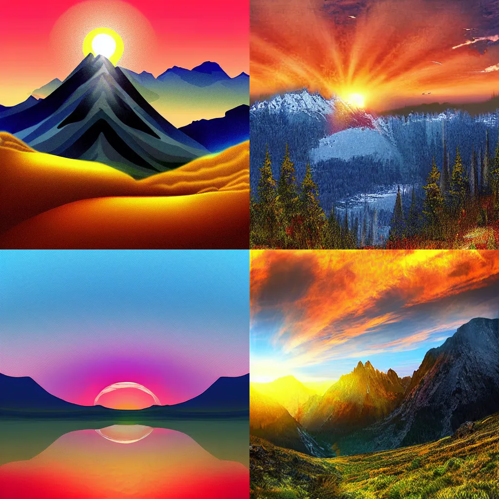 Prompt: cool mountain scenery with sunrise, digital art