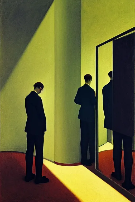 Image similar to group of men watching another man through a one sided mirror, edward hopper and james gilleard zdzislaw beksisnski higly detailed