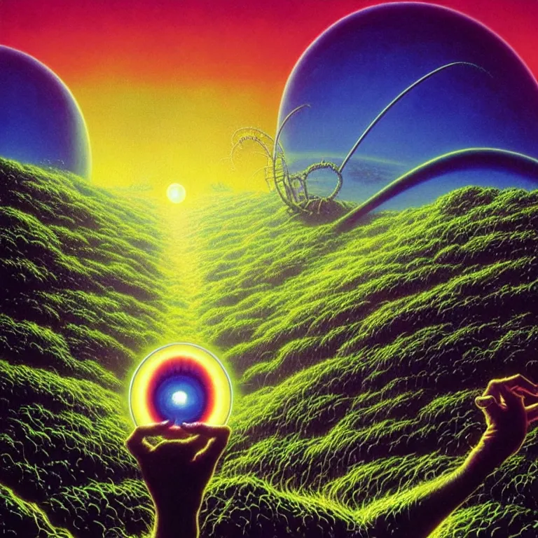 Prompt: eyeball in palm over glowing fields of infinite quantum ghosts, synthwave, bright neon colors, highly detailed, cinematic, tim white, vladimir kush, philippe druillet, roger dean, bob eggleton, michael whelan, boris vallejo, alfred kelsner, kubrick, jaroslaw jasnikowski