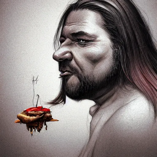 Prompt: portrait of a half fatman half pig with long hair tied in a ponytail, light stubble with red shirt eating kebab ,digital art,photorealistoc,art by greg rutkowski,hyperdetailed,western comic style,comic,comic style,sharp lineart,professional lighting,deviantart,artstation,trevor henderson,rossdtaws,cinematic,dramatic