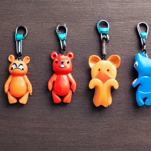 Prompt: some cute plastic toys that look like animal characters hanging from a keychain, red, dark teal, and blue