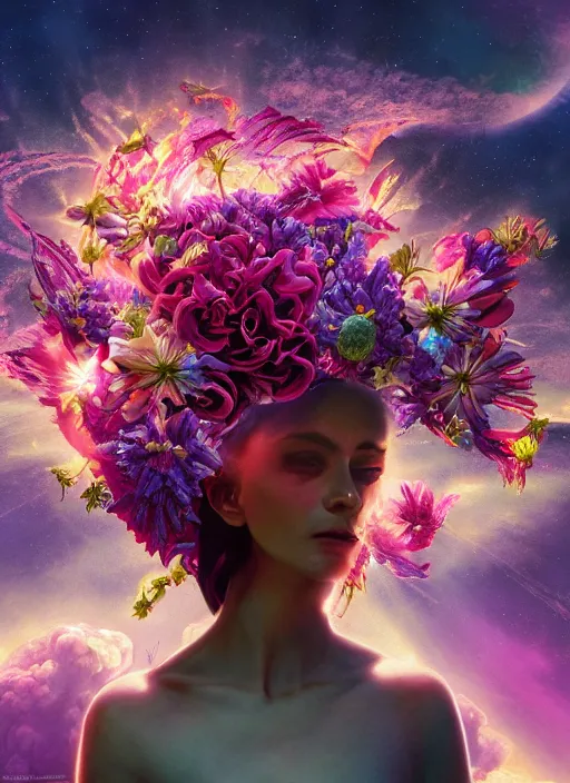 Image similar to An epic fantastic realism comic book style painting of the most beautiful flowers launched into space, bouquets, solar eclipse, fisheye, unreal 5, DAZ, hyperrealistic, octane render, dynamic lighting