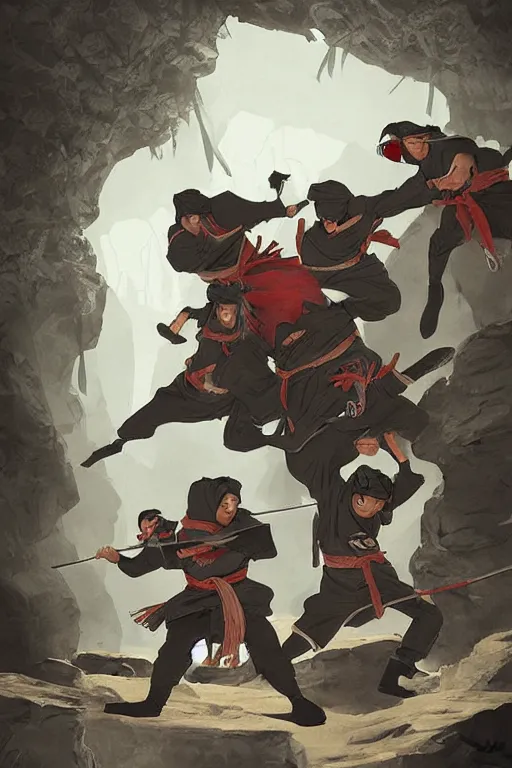 Image similar to trowing rock to ninjas, ilustrator by tafy laplanche and bo feng lin