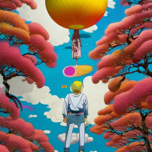 Image similar to a man walking on clouds above kyoto by takashi murakami, beeple and james jean, aya takano color style, 4 k, super detailed
